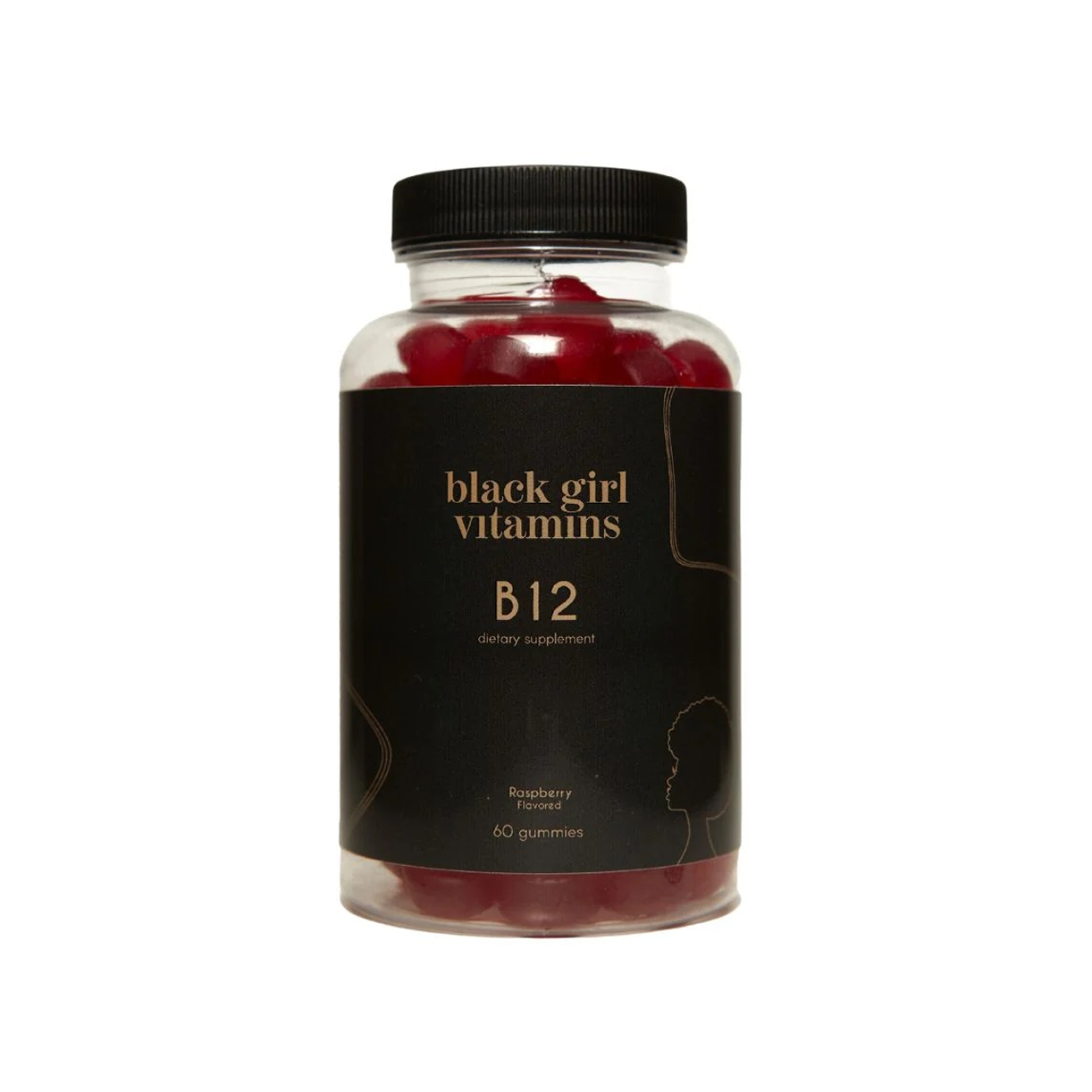 A bottle of Black Girl Vitamins B12 dietary supplement gummies against a white background.