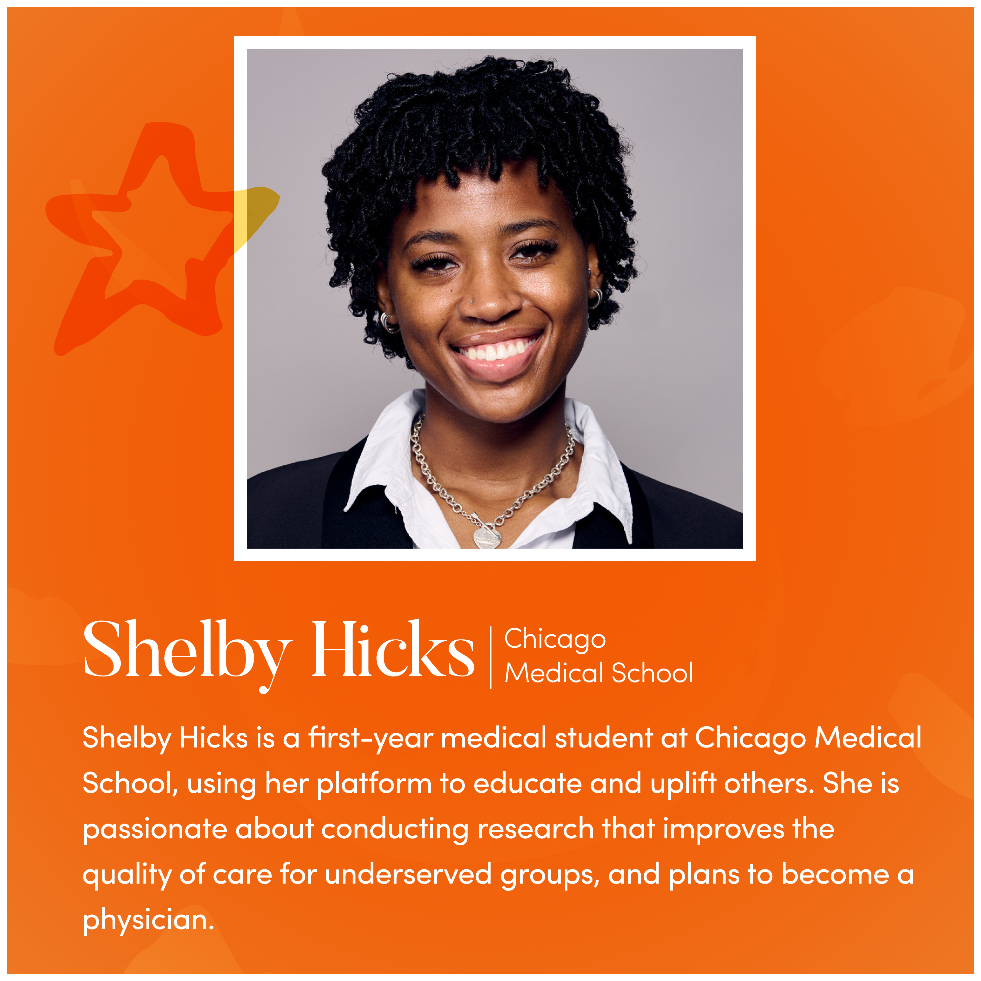 A headshot of Shelby Hicks, a smiling Black woman, on an orange graphic with biographical text.