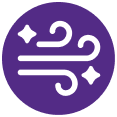 A purple circle containing a white icon of blowing wind and sparkles.