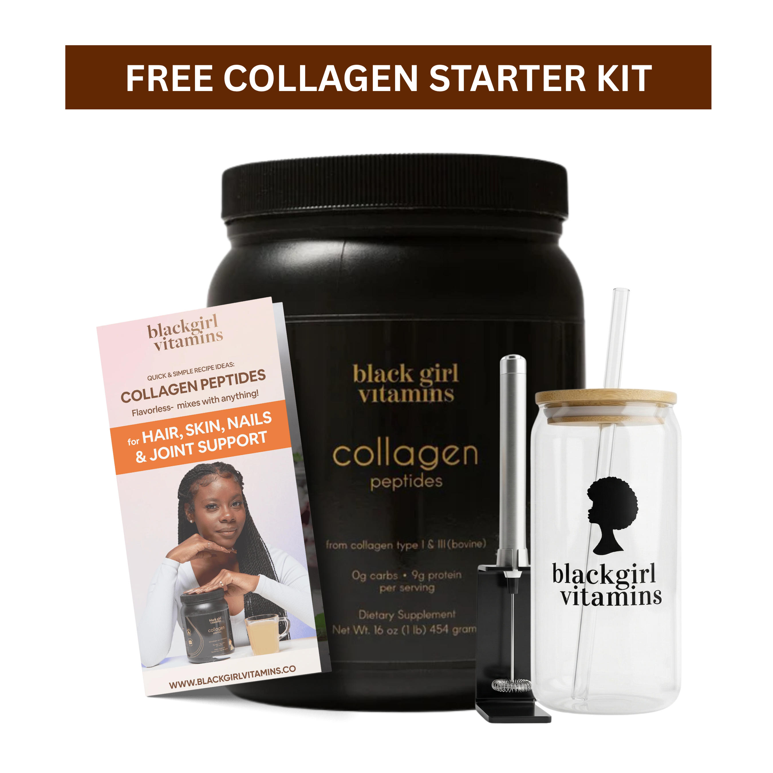A Black Girl Vitamins collagen starter kit including a tub of peptides, a glass tumbler, and an electric mixer.