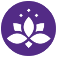 A white stylized lotus flower with three diamonds above it, inside a purple circle.
