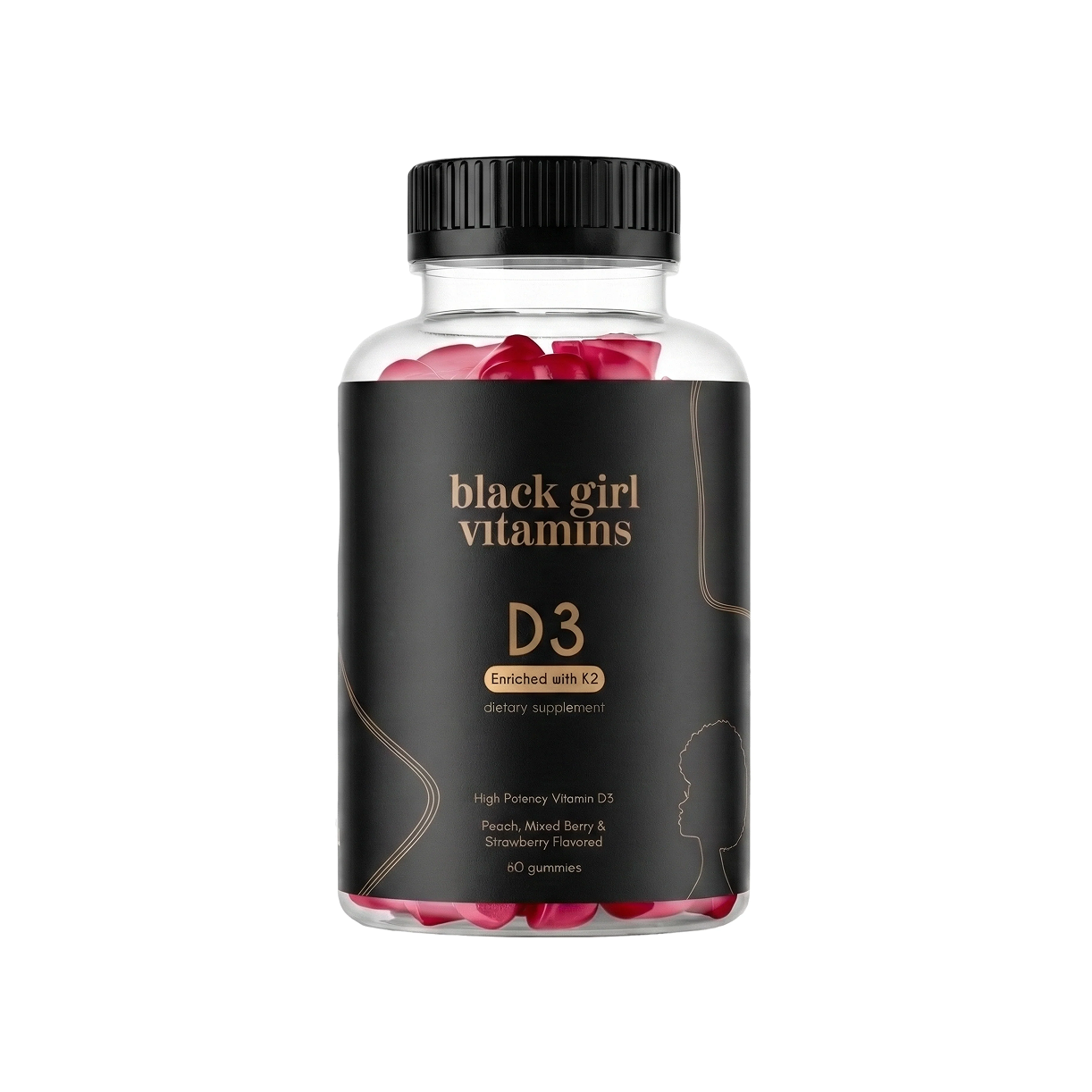 A bottle of Black Girl Vitamins D3 gummies with a black label, against a white background.