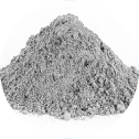 A circular image of a small pile of gray powder against a white background.