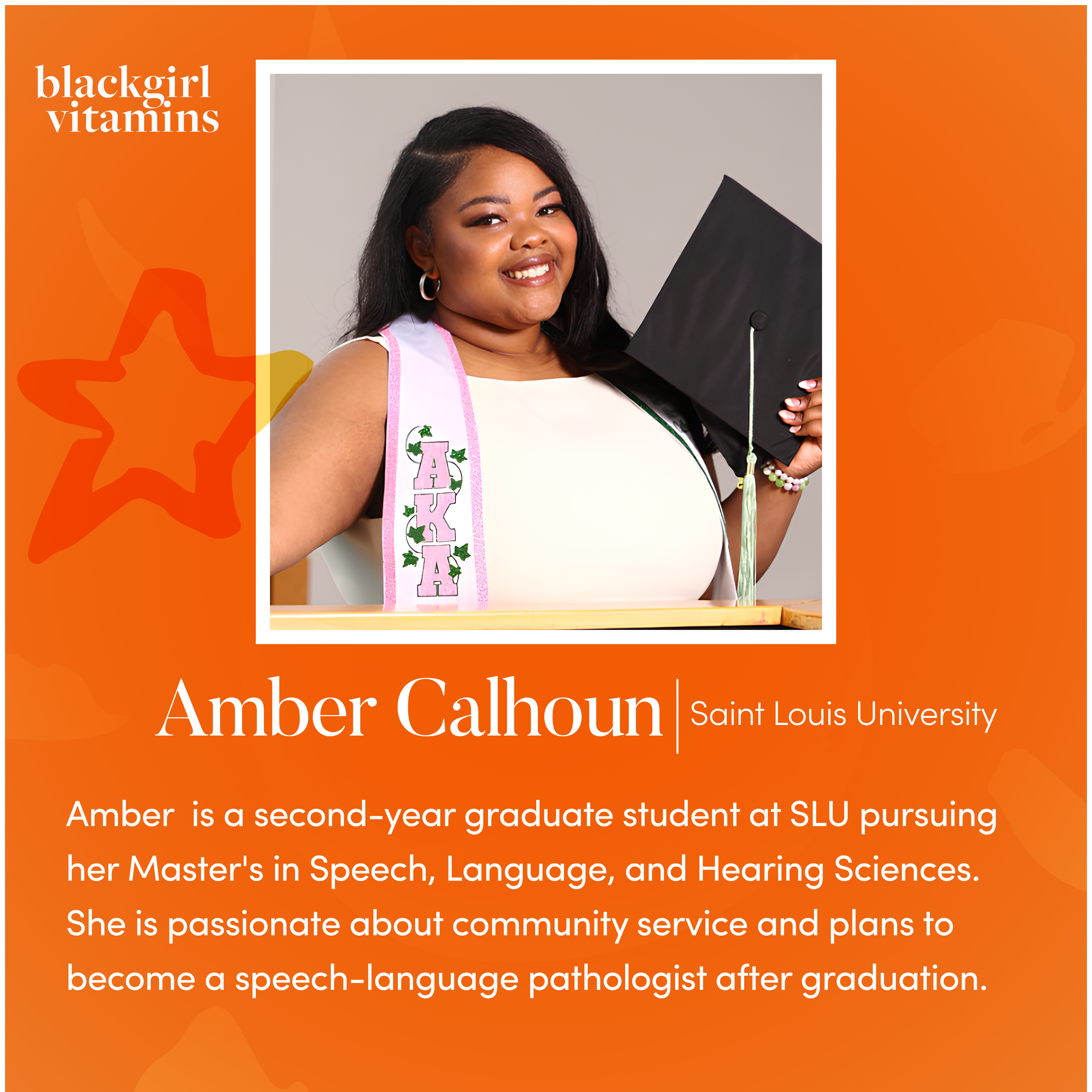 A smiling graduate, Amber Calhoun, wearing a stole and holding a graduation cap on an orange background.