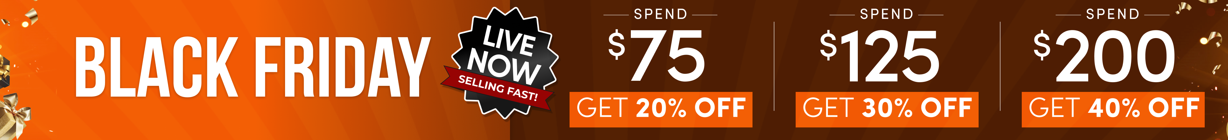 Black Friday sale banner with discount offers for spending $75, $125, and $200.