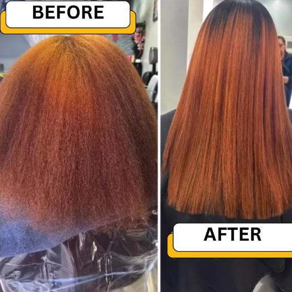 A before and after image showing a hair transformation from frizzy and textured to sleek and straight.