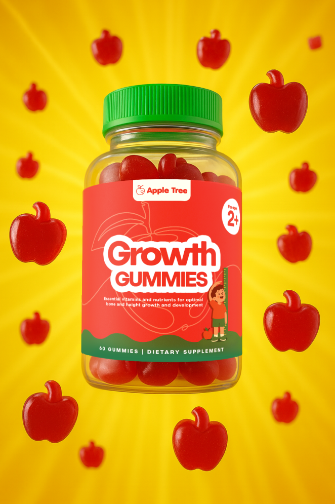Bottle of red apple-shaped gummies with a green lid on a yellow background.