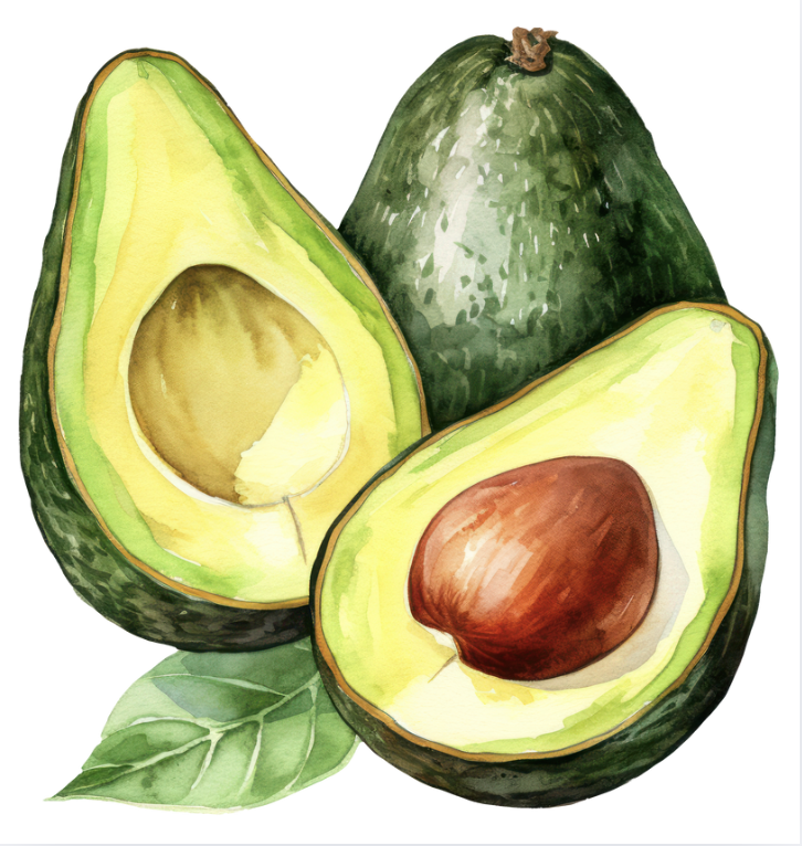 A whole avocado with one half showing its seed and green flesh.