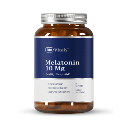 Bottle of Bio.Vitals Melatonin 10 mg capsules with blue and white label.