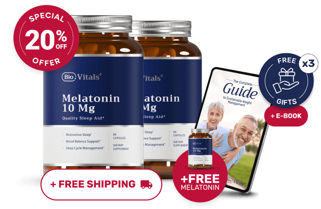 Two bottles of melatonin with promotional offers and a guidebook.