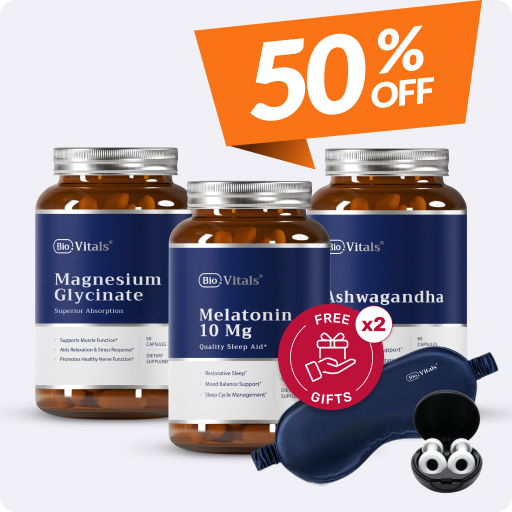 Three supplement bottles with 50% off and free eye mask and earplugs.