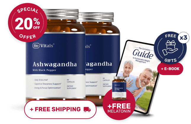 Two bottles of Ashwagandha supplement with promotional offers and a guidebook.