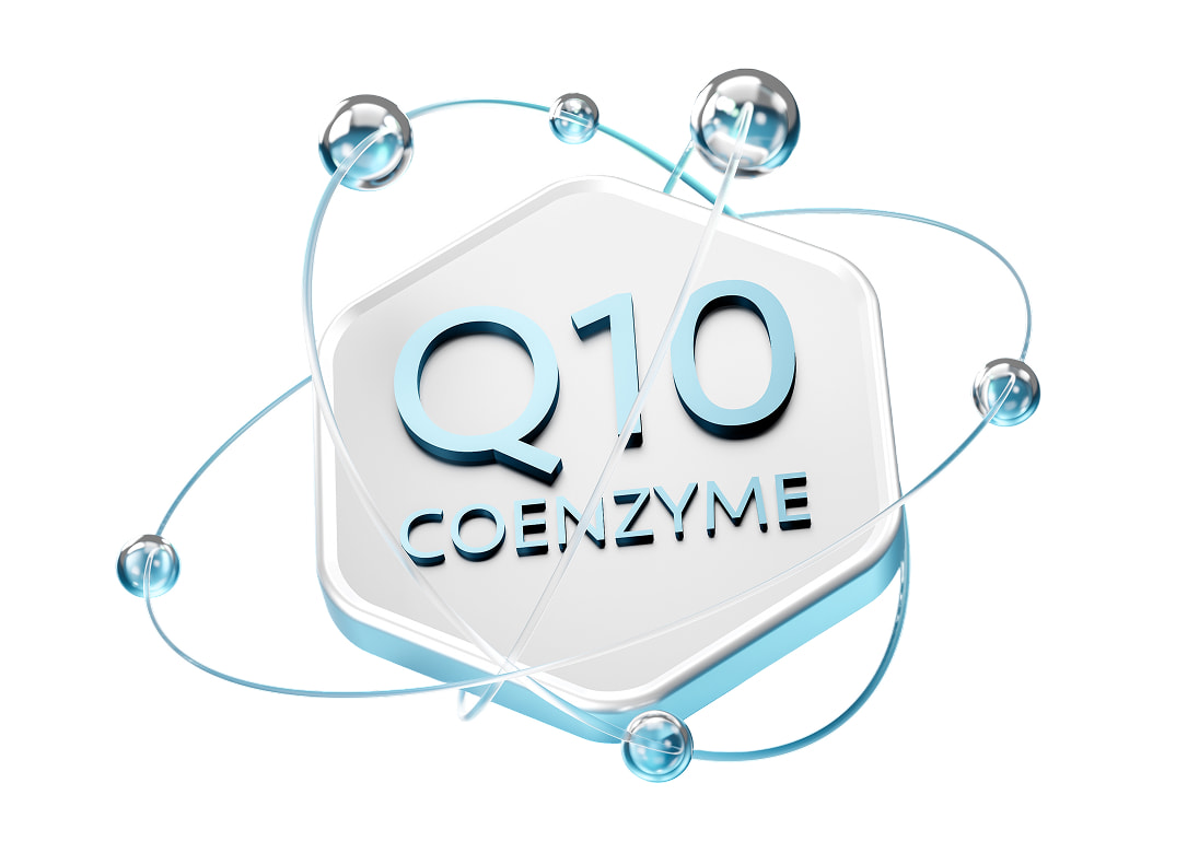 A stylized graphic of 'Q10 COENZYME' on a hexagon with an atomic model orbiting it.