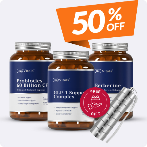 Three Bio Vitals supplement bottles with a 50% off label and gift icon.