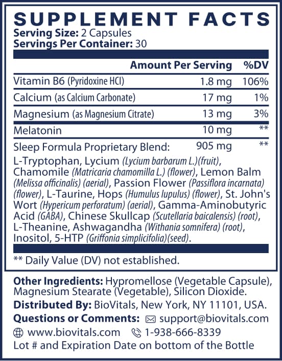 Supplement facts label with ingredients and contact information for BioVitals.