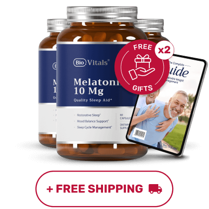 Three bottles of melatonin with a free gift offer and free shipping.