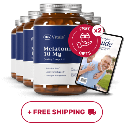 Bottles of melatonin supplements with a free gifts label and shipping offer.