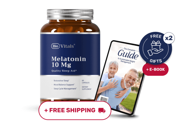 Bottle of melatonin capsules with a guidebook and free shipping offer.