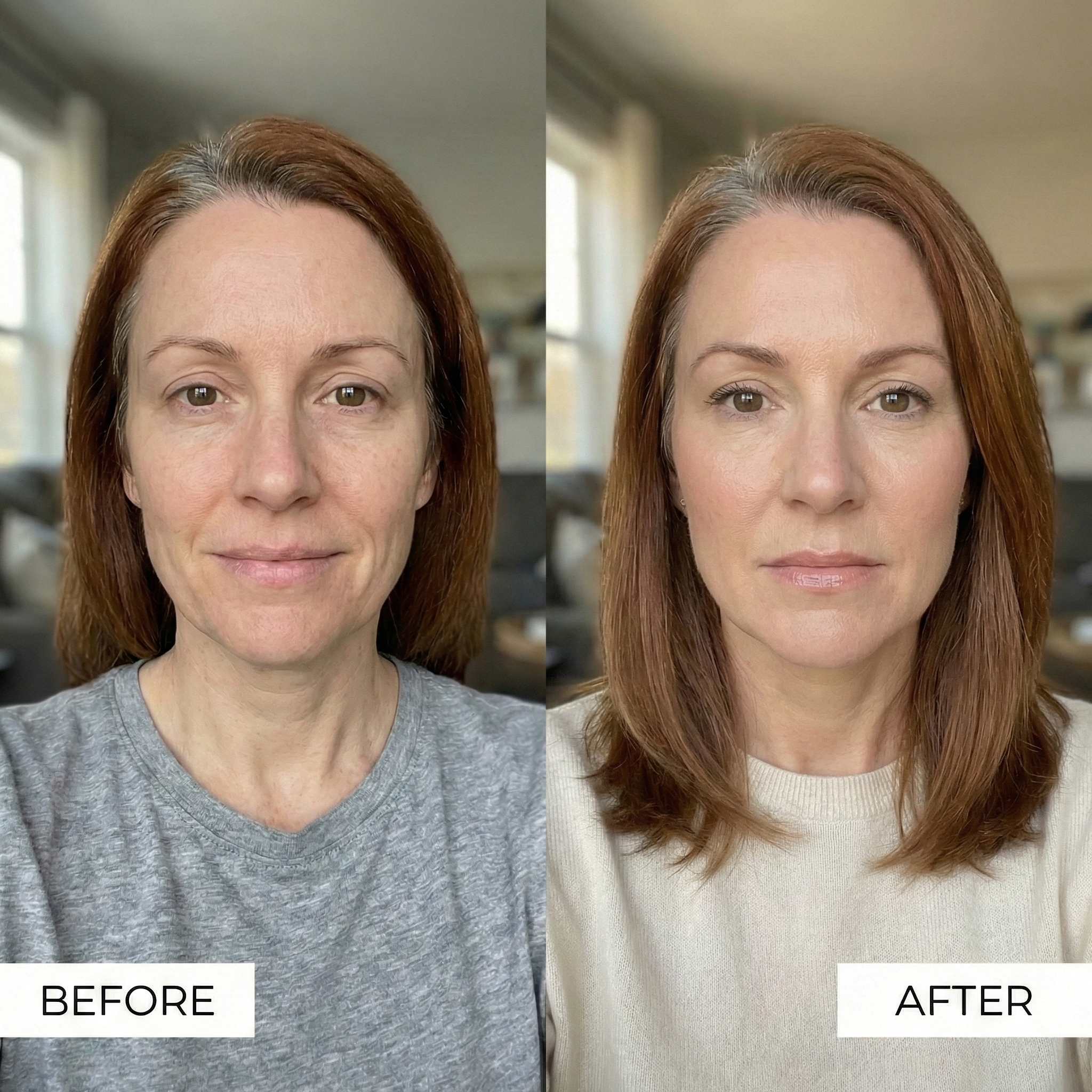 A split-image comparison of a woman's face before and after applying makeup.