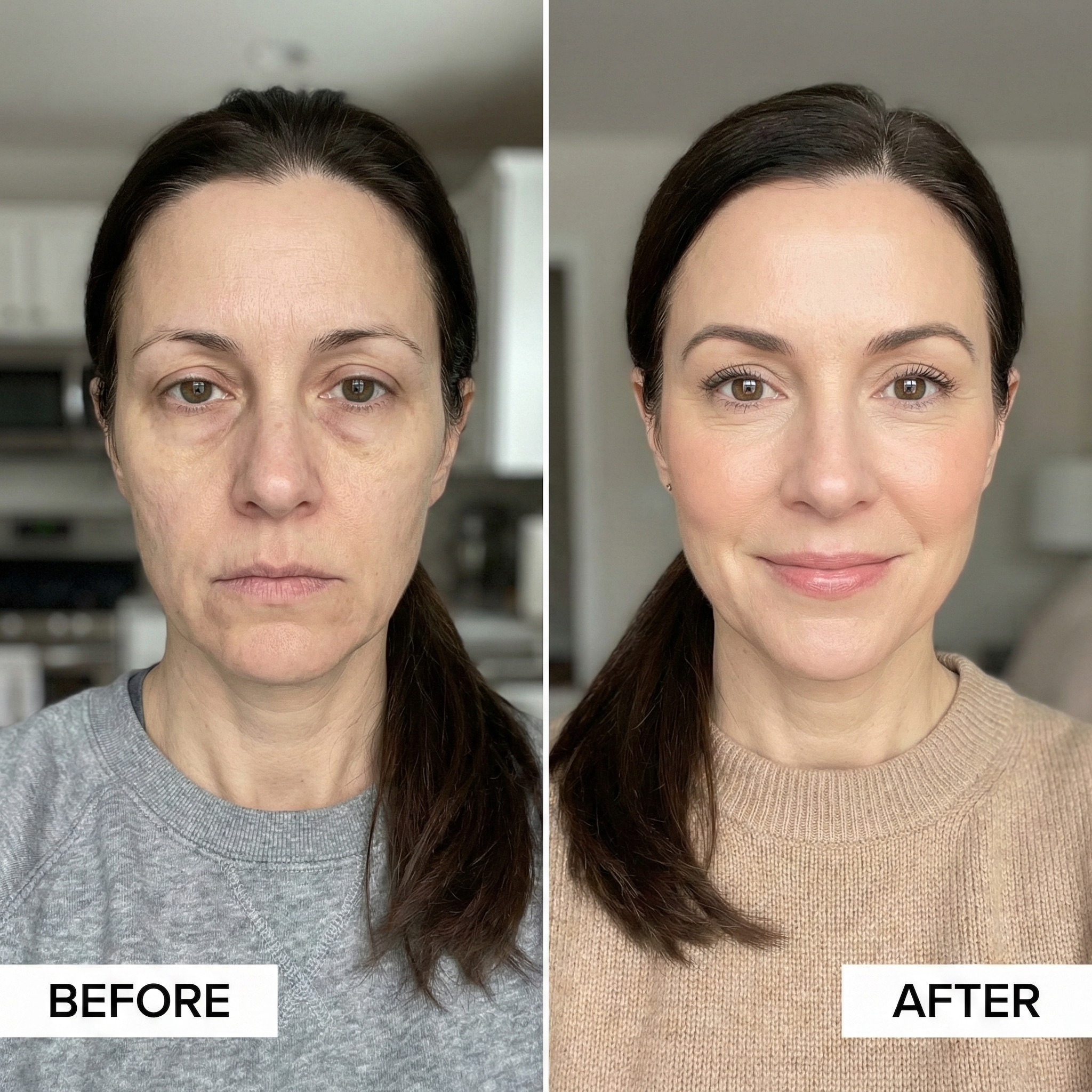 A side-by-side before and after image of a woman, showing her face without and with makeup.