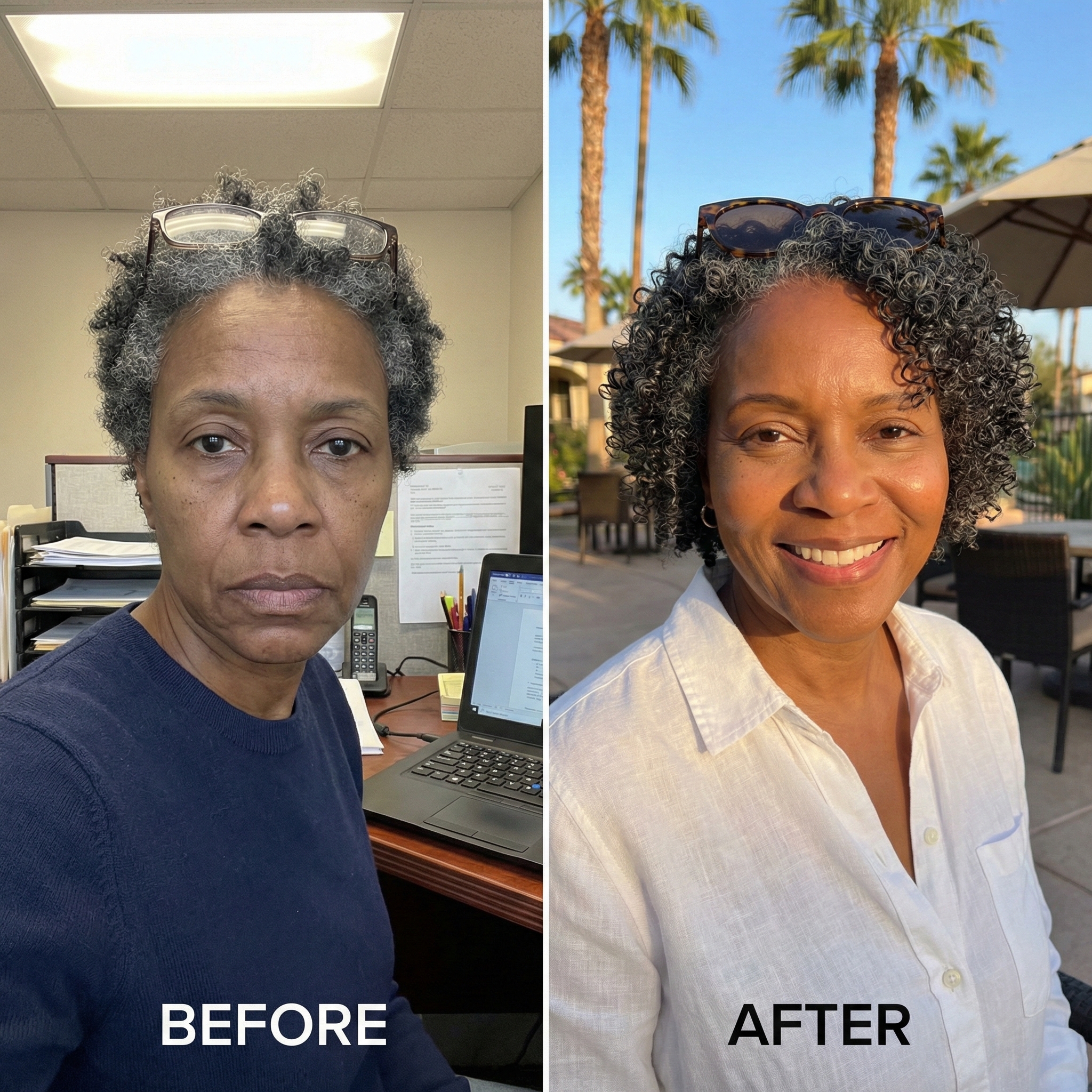 A before-and-after image of a woman, first looking tired in an office, then smiling happily outdoors.