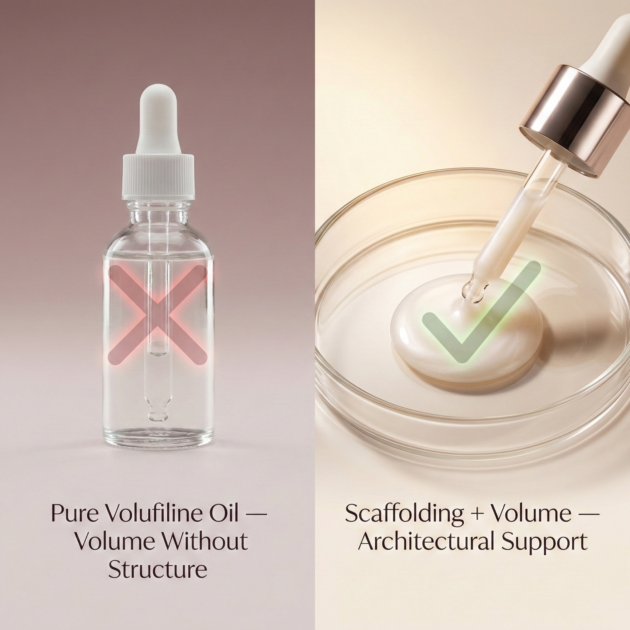 A split image comparing a bottle of clear oil with a red X to a creamy liquid with a green check.