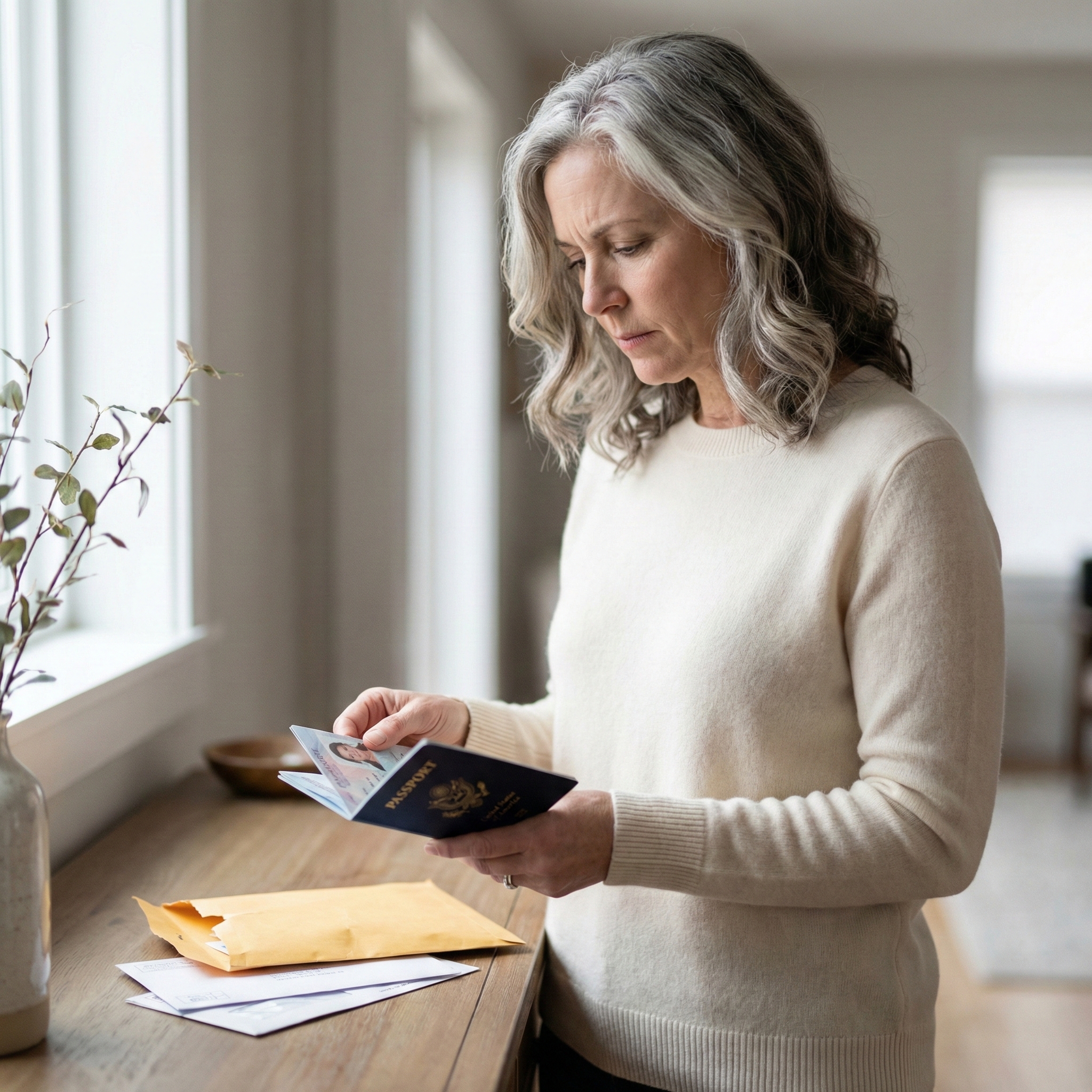 A woman with gray hair stands by a window and looks down at an open passport.