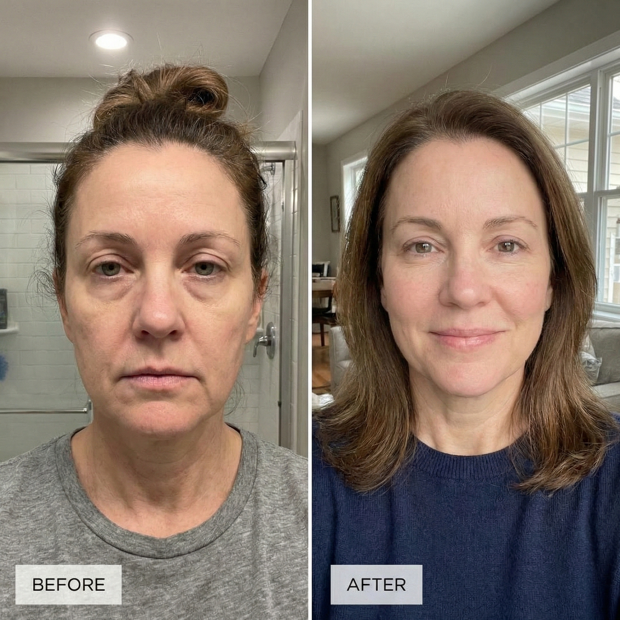 A side-by-side before and after comparison of a woman's face showing a noticeable difference in her appearance.