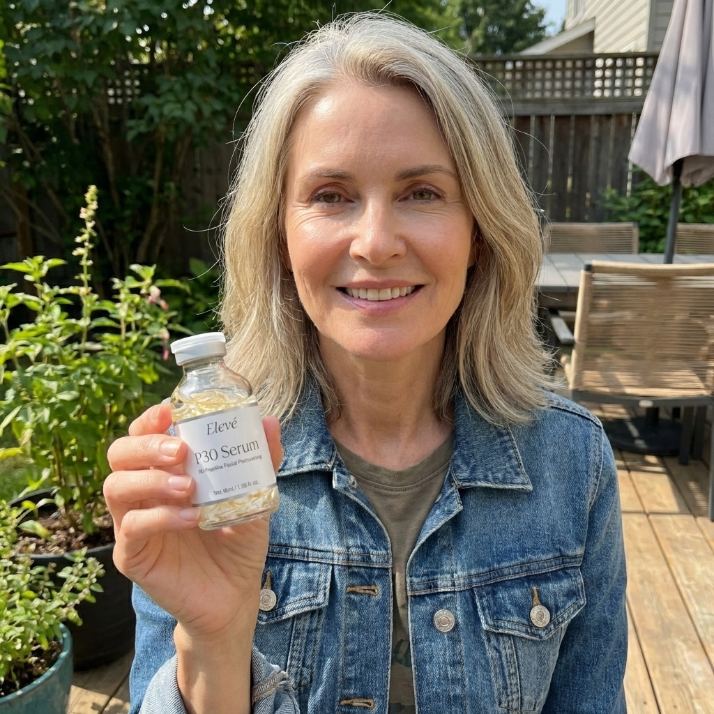 A smiling woman in a denim jacket holds up a small bottle labeled 'Elevé P30 Serum'.