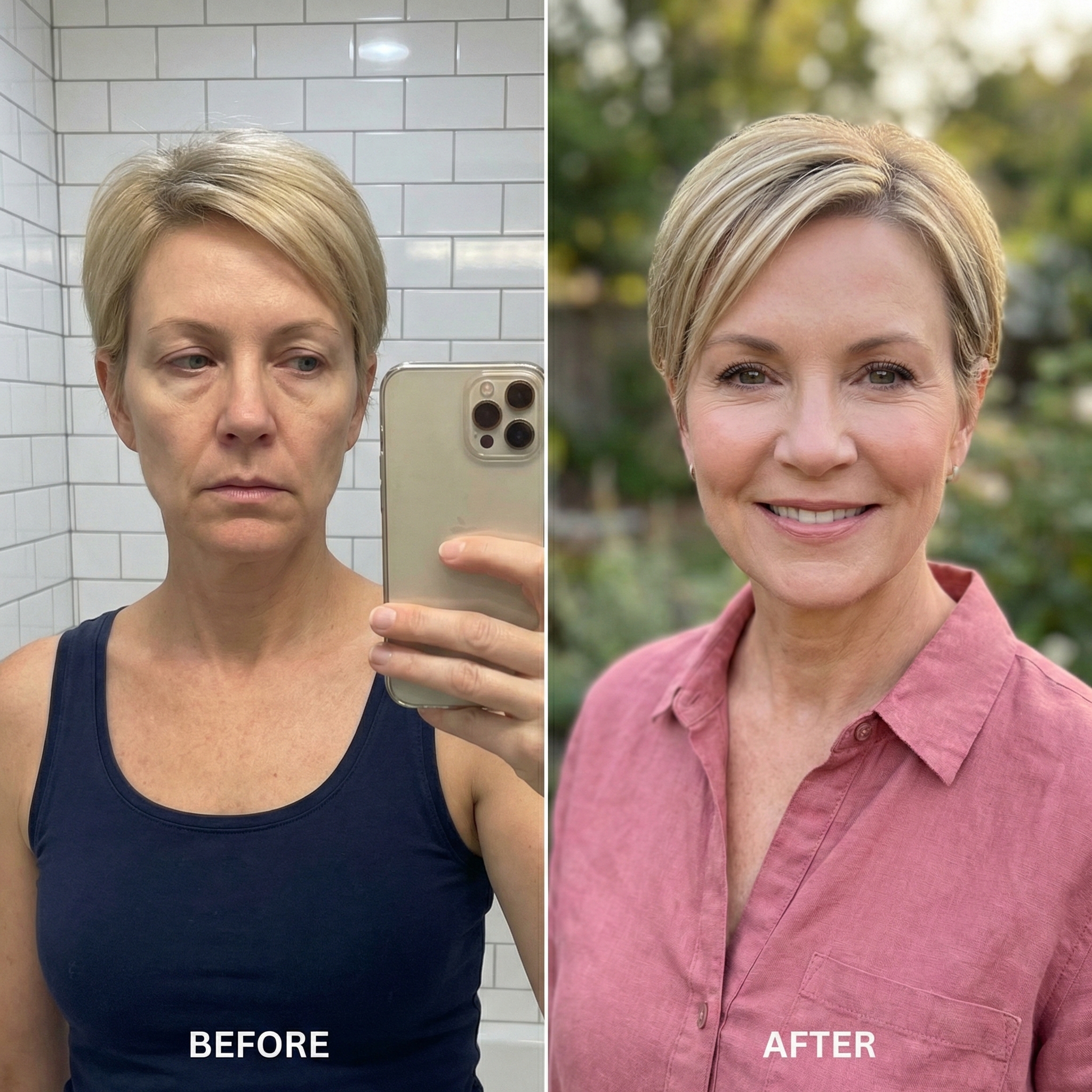 A before and after split image of a woman, showing her looking tired on the left and refreshed and smiling on the right.