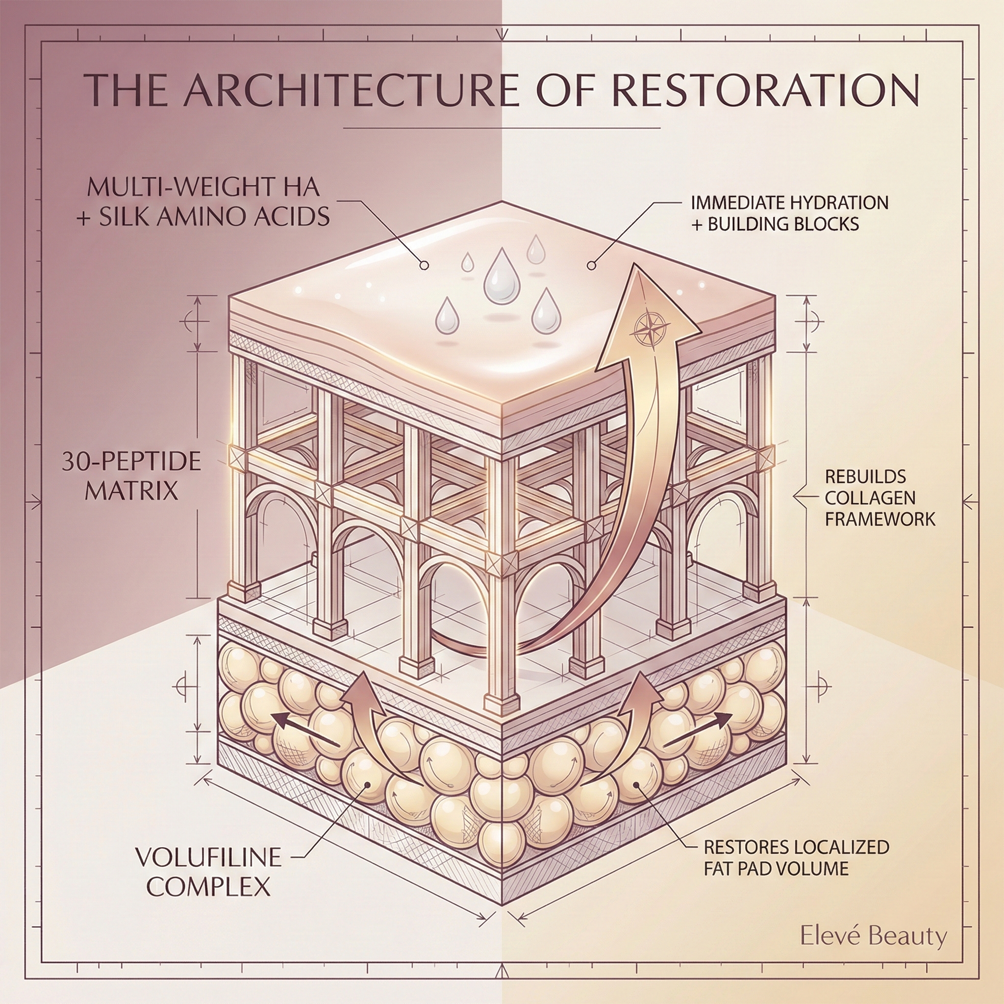 A blueprint-style diagram illustrating the restoration of skin's architectural layers with different compounds.