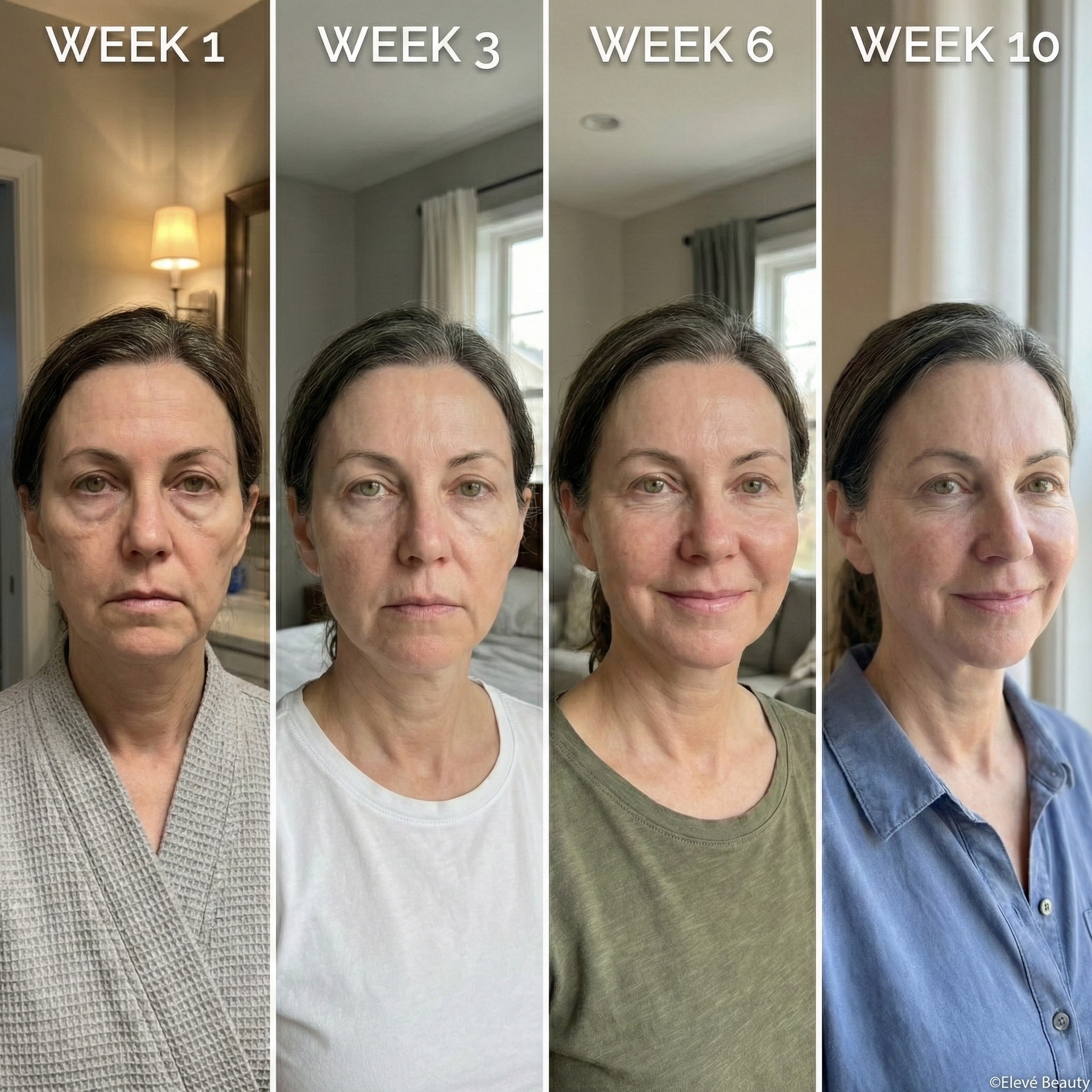 A sequence of four photos showing a woman's changing facial appearance over ten weeks.