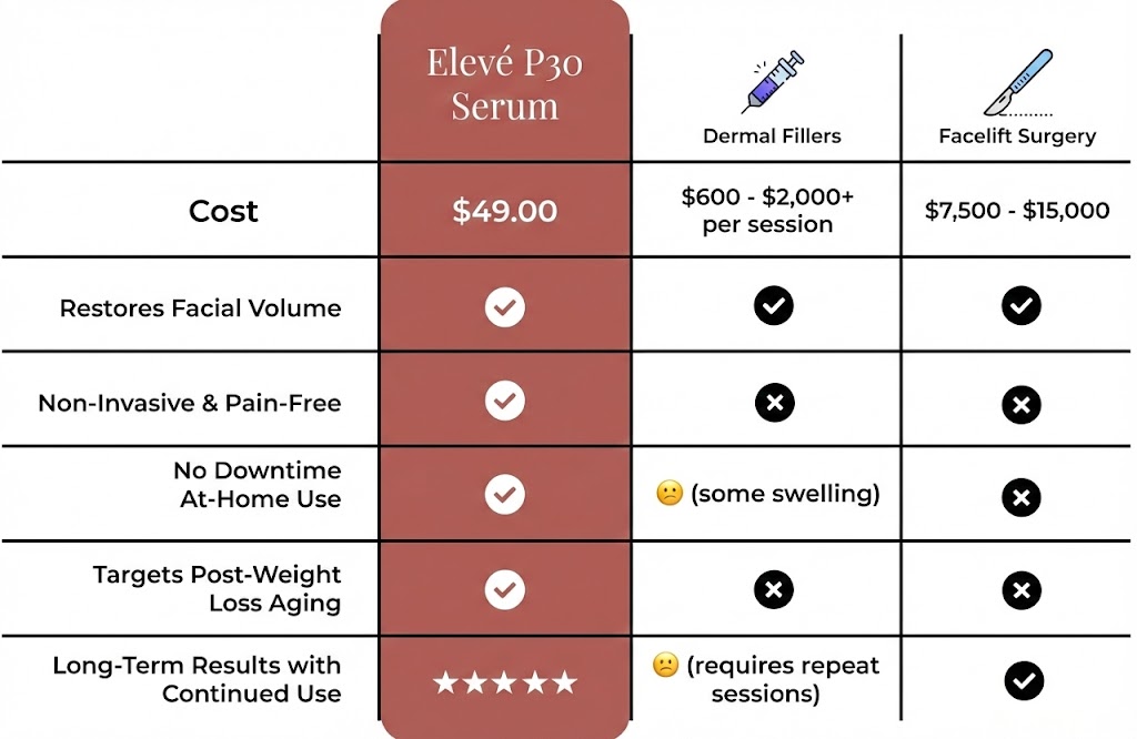 A chart comparing Elevé P30 Serum against dermal fillers and facelift surgery on cost, benefits, and invasiveness.