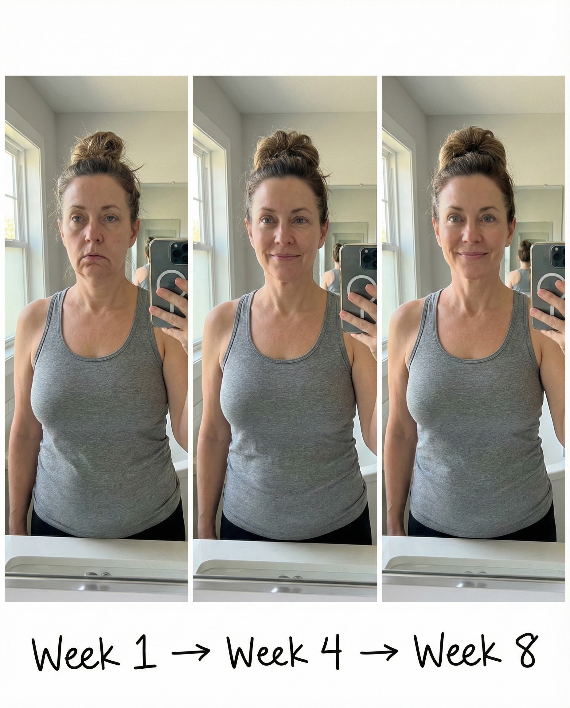 A side-by-side comparison showing a close-up of skin, before and after 12 weeks, with improved texture.