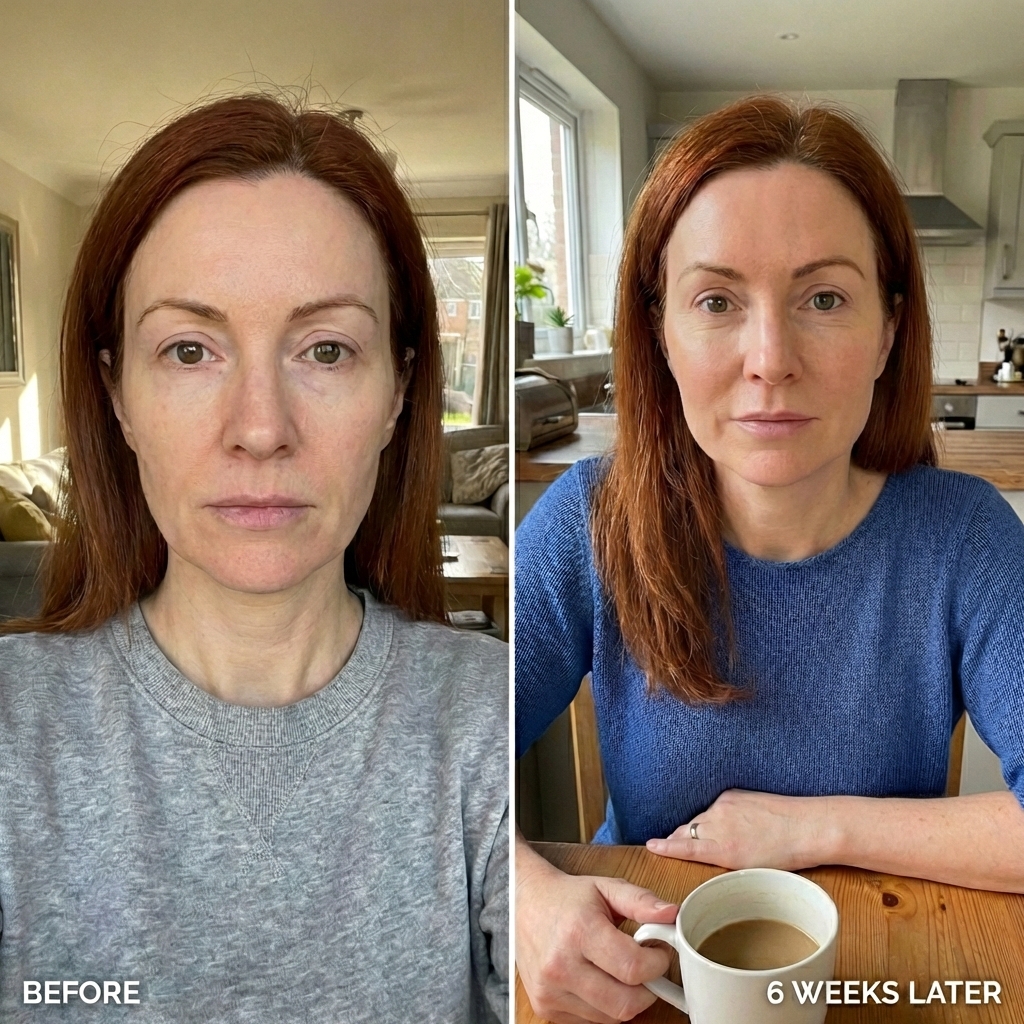 A before and after split-screen image showing a woman's face with a six-week difference between the photos.