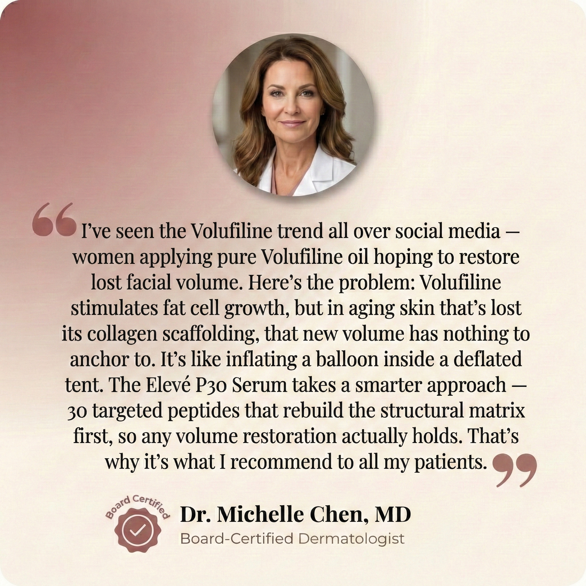 A testimonial graphic featuring a photo and quote from Dr. Michelle Chen, MD, a Board-Certified Dermatologist.