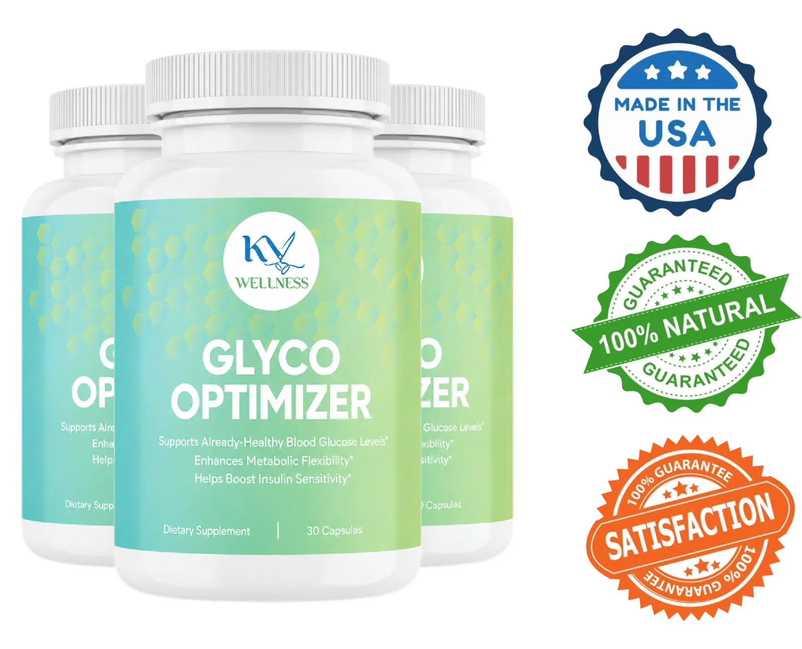 Three bottles of Glyco Optimizer supplement next to 'Made in the USA' and '100% Natural' guarantee badges.