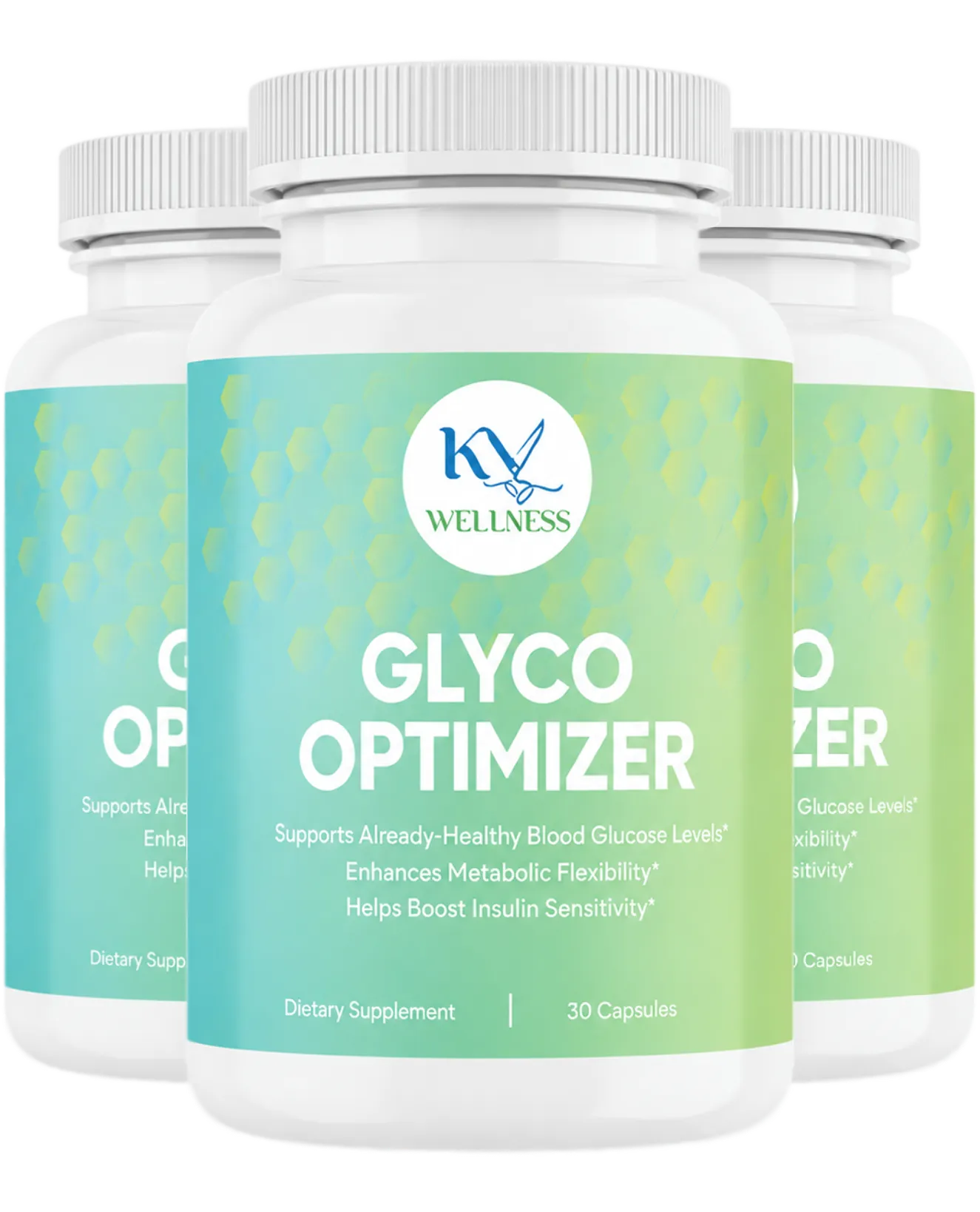 Three white bottles of Glyco Optimizer dietary supplement by KV Wellness arranged in a cluster.