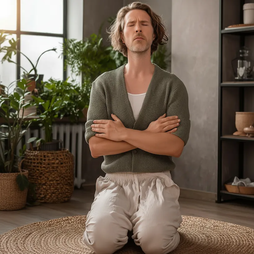 Person kneeling on a woven mat, eyes closed, surrounded by plants and home decor.