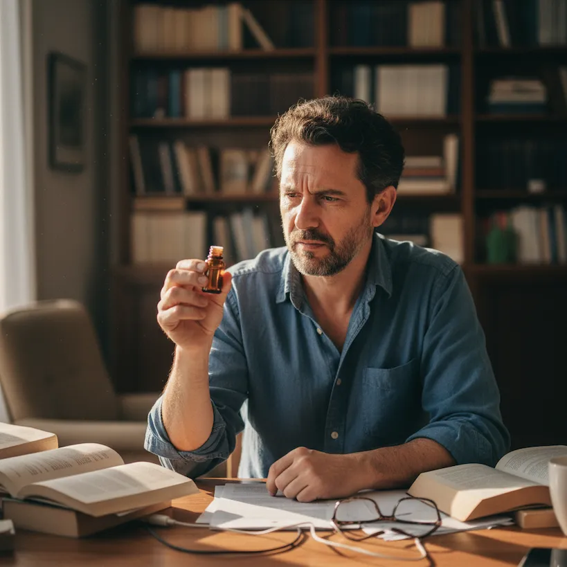 Man holding a small bottle, seated at a table with books.