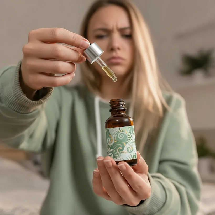Person holding a dropper and a small bottle with a patterned label.