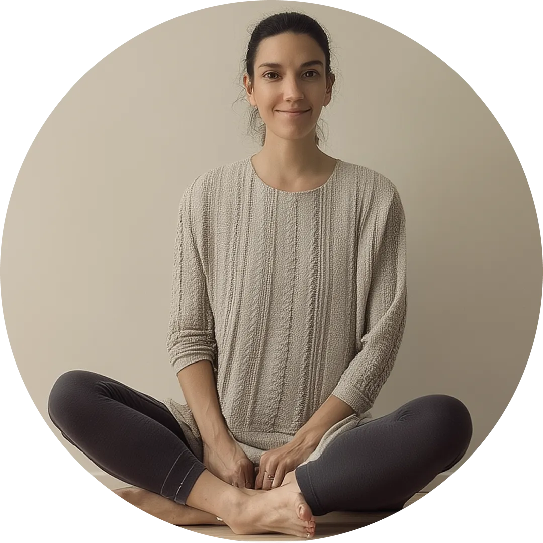 Person sitting cross-legged, wearing a beige sweater and dark leggings, against a plain background.