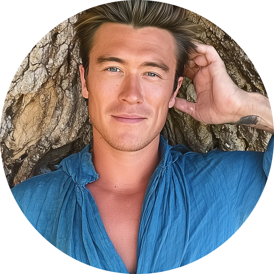 Person in a blue shirt leaning against a tree trunk.