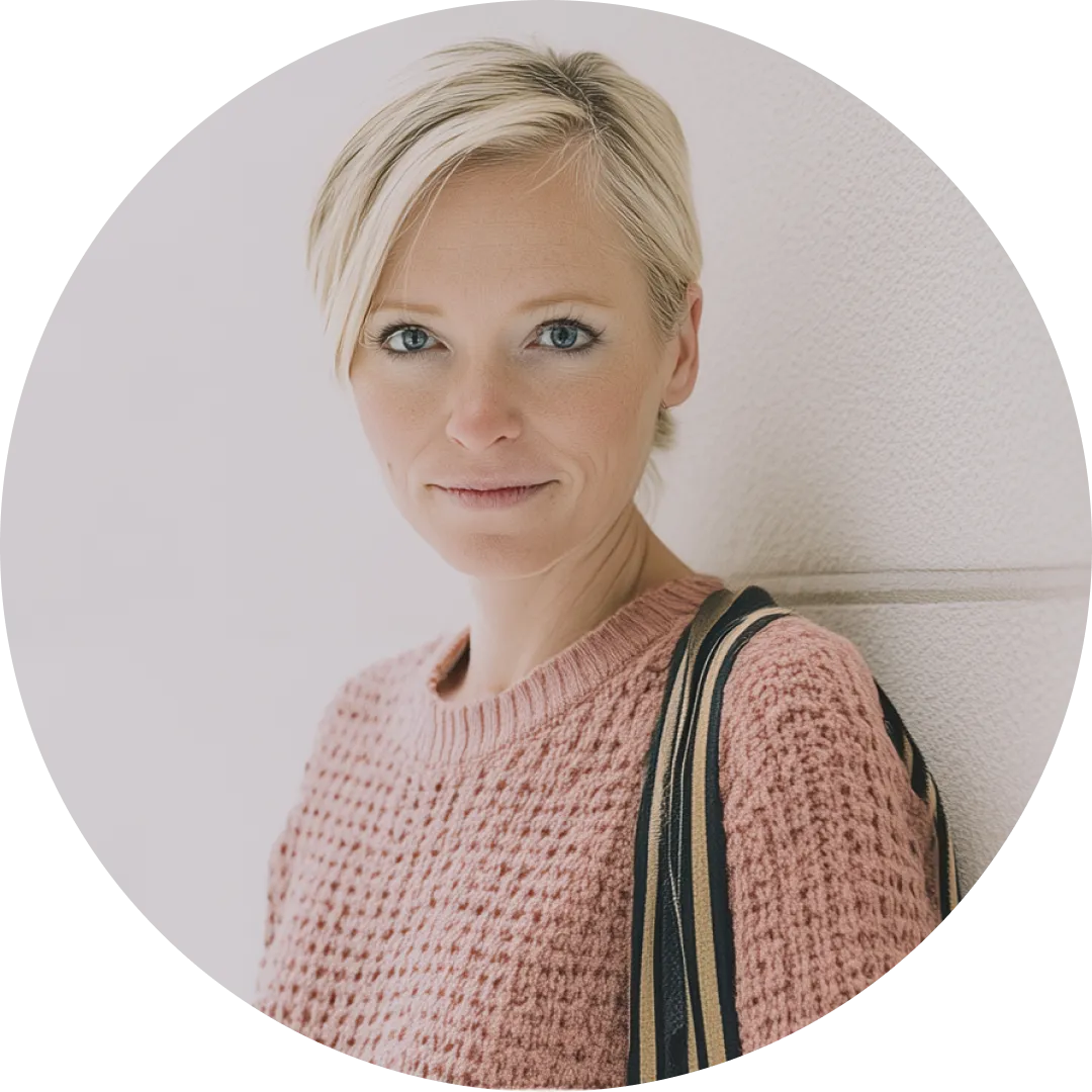 Person with short blonde hair wearing a pink sweater, smiling slightly.