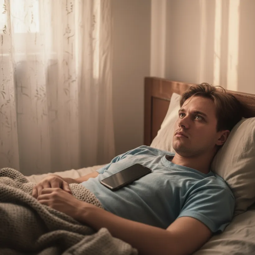 Person lying in bed with a phone on their chest, looking contemplative.