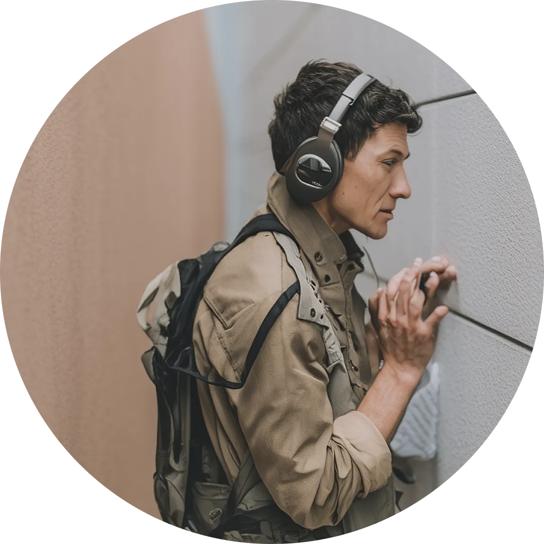 Person with headphones listening against a wall.