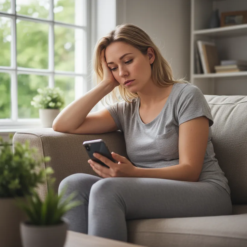 Woman sitting on a couch looking at her phone, appearing thoughtful.
