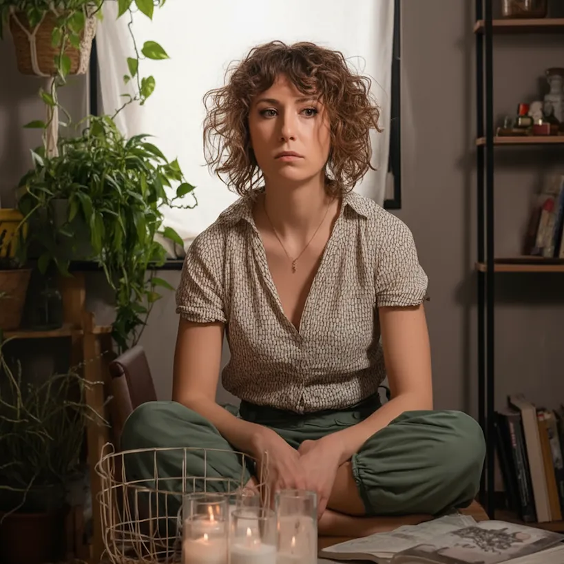 Person sitting cross-legged in a room with plants, books, and lit candles.