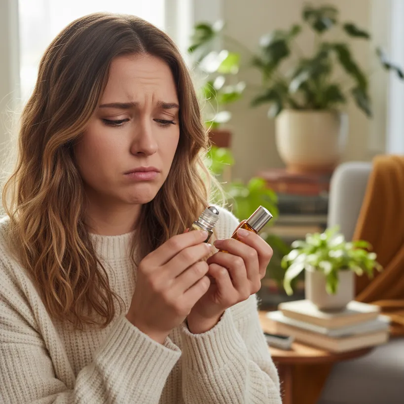 Woman in sweater holding bottle with concerned expression, plants and books in the background.