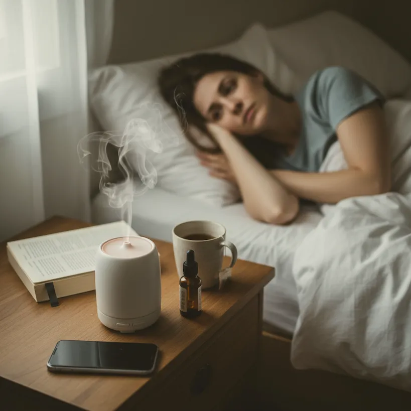 Woman lying in bed beside a nightstand with a diffuser, book, mug, and phone.